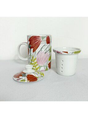 Cost Plus World Market Floral Ceramic Tea Infuser Mug 3-Piece Set